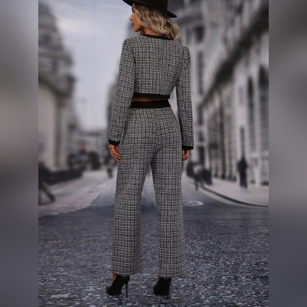 Plaid Print Contrast Trim Crop Jacket & Pants - Picture 4 of 4